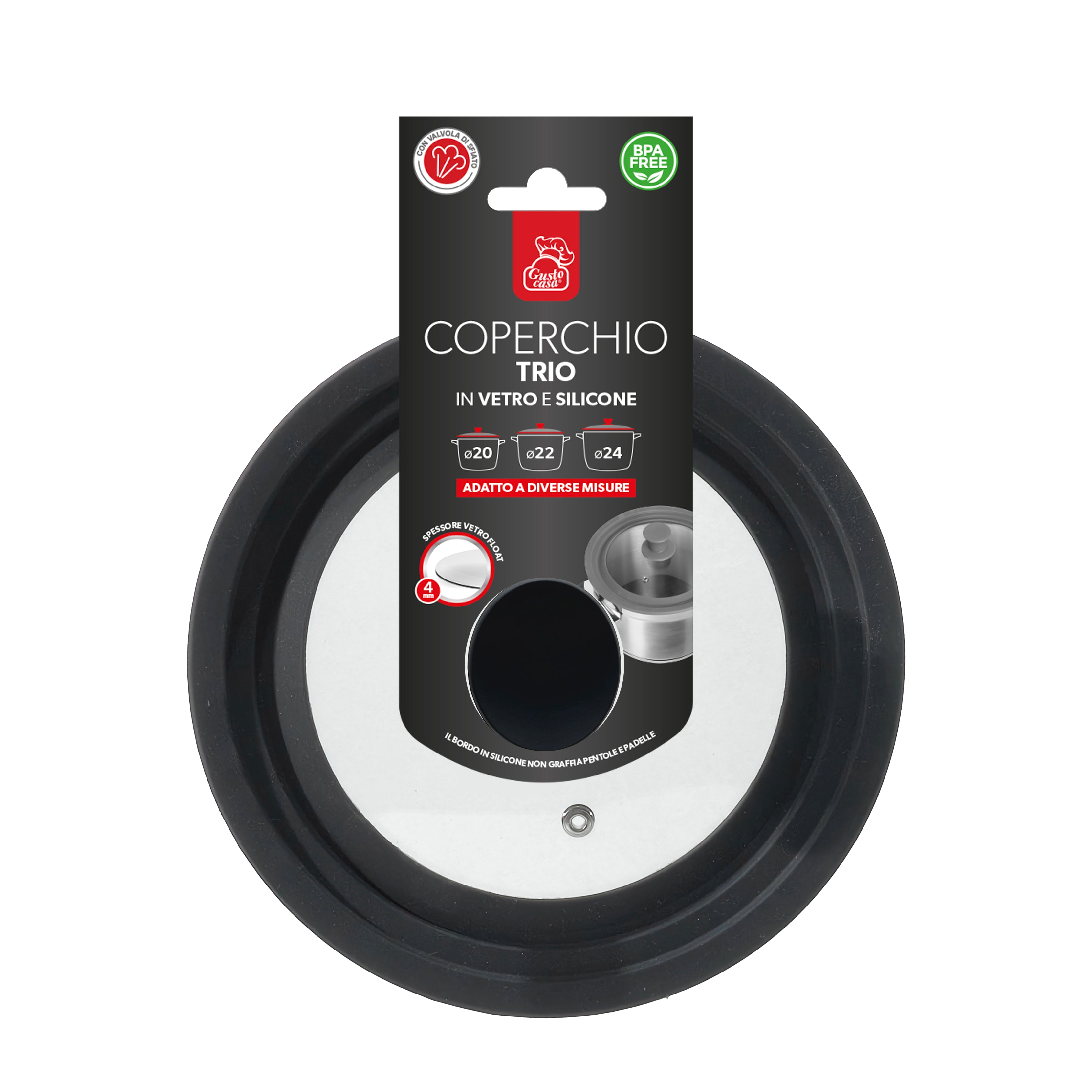 GUSTO CASA - Coperchio Universale Trio in Vetro e Silicone - Adatto a tre diverse misure: diametro 20/22/24 cm